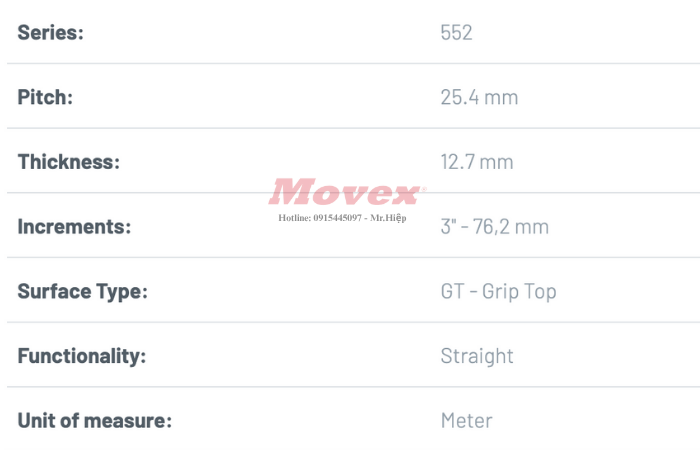 Băng tải nhựa phủ cao su Movex Series 552 Grip Top