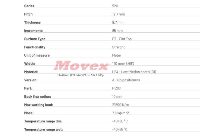 Băng tải nhựa Movex 520 Flat Top (mã P5201010170A)