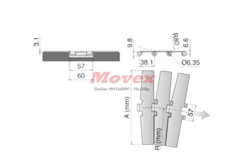Băng tải Xích Inox Movex 8857 M Flat Top (P10180107) 8857 M Flat Top Bản vẽ