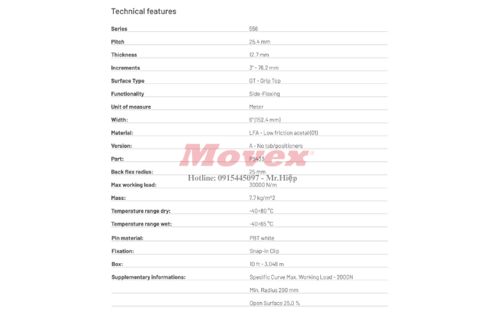 Băng tải nhựa Movex 556 Grip Top (mã P5433010006A)