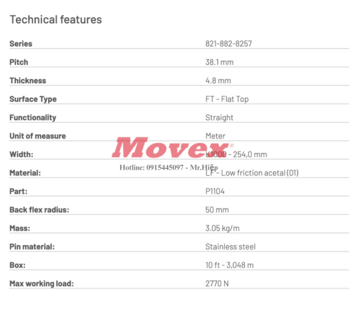 Băng tải xích nhựa Movex Flat Top LF 821 K1000 – P11040108 5 5